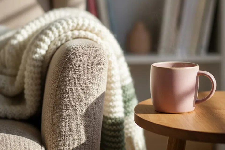 An armchair with a soft blanket and a cup of tea on a side table