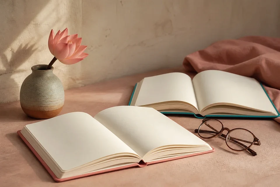 Open notebooks, reading glasses and a lotus flower in warm light